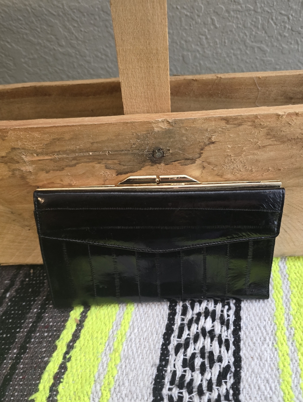 Vintage Sleek Black Eel Skin Wallet with Gold Frame